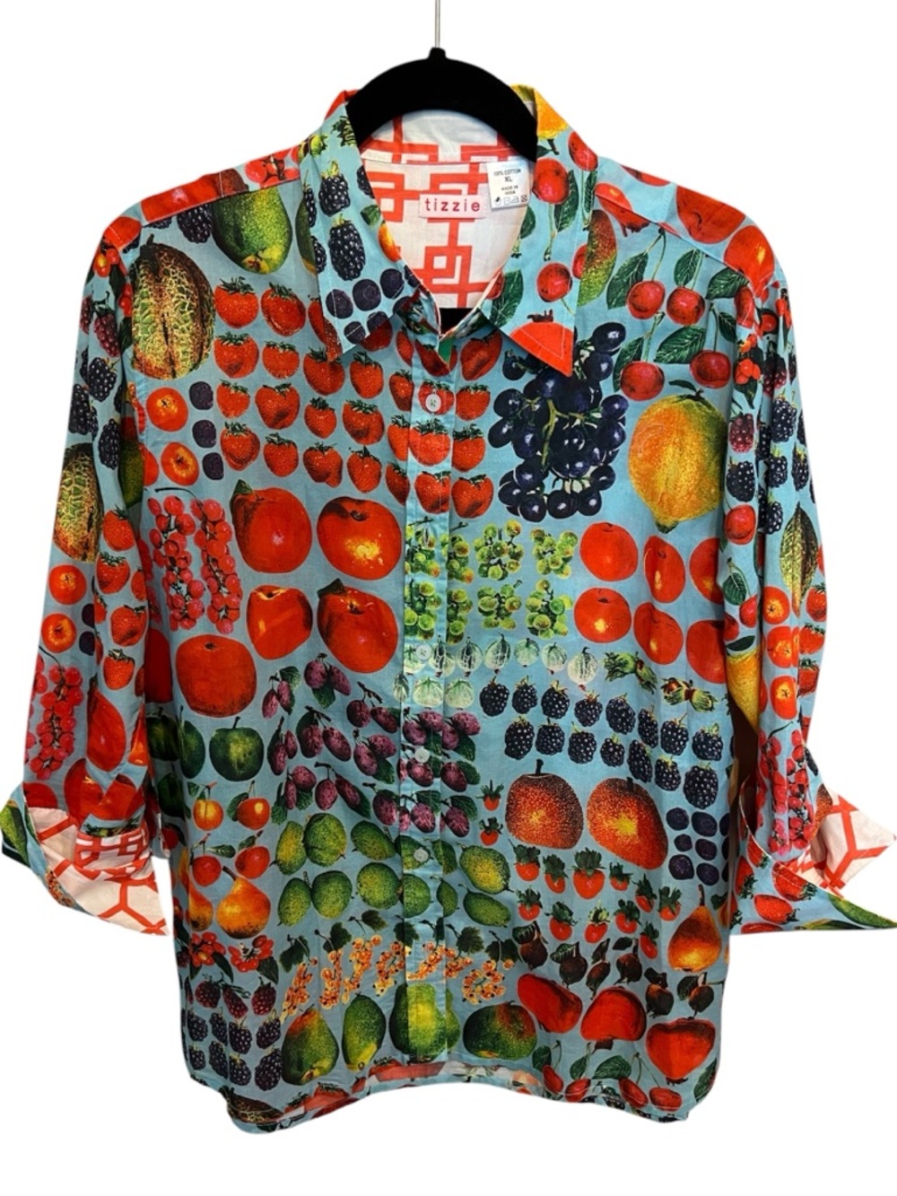 Tizzie Fruit Print Button Down Cotton Blouse Size XL